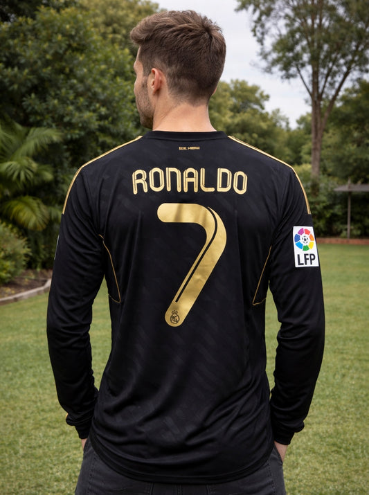 CRISTIANO RONALDO REAL MADRID BLACK AND GOLD LONG SLEEVE JERSEY