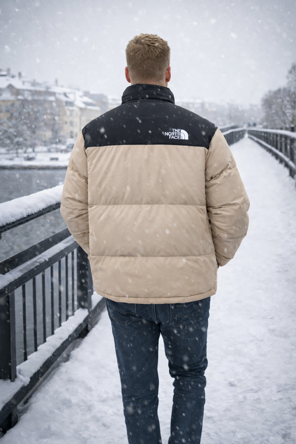 NORTH FACE BEIGE AND BLACK PUFFER JACKET