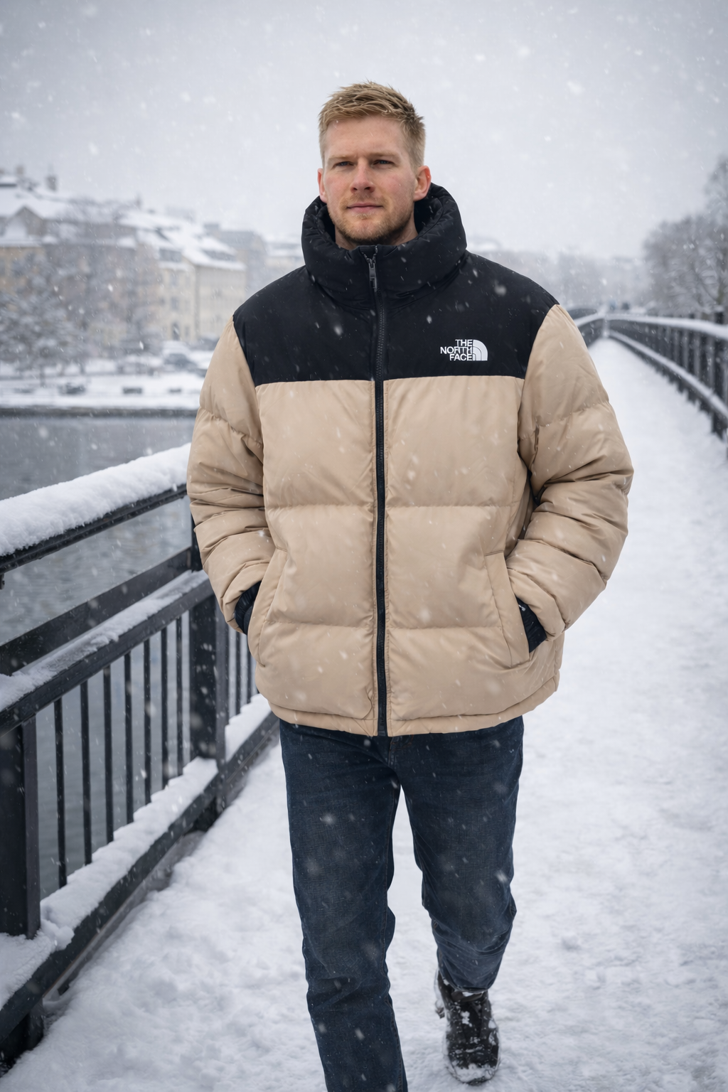 NORTH FACE BEIGE AND BLACK PUFFER JACKET