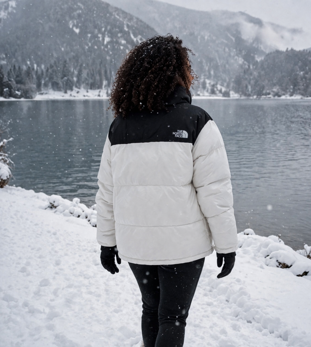 NORTH FACE WHITE AND BLACK PUFFER JACKET