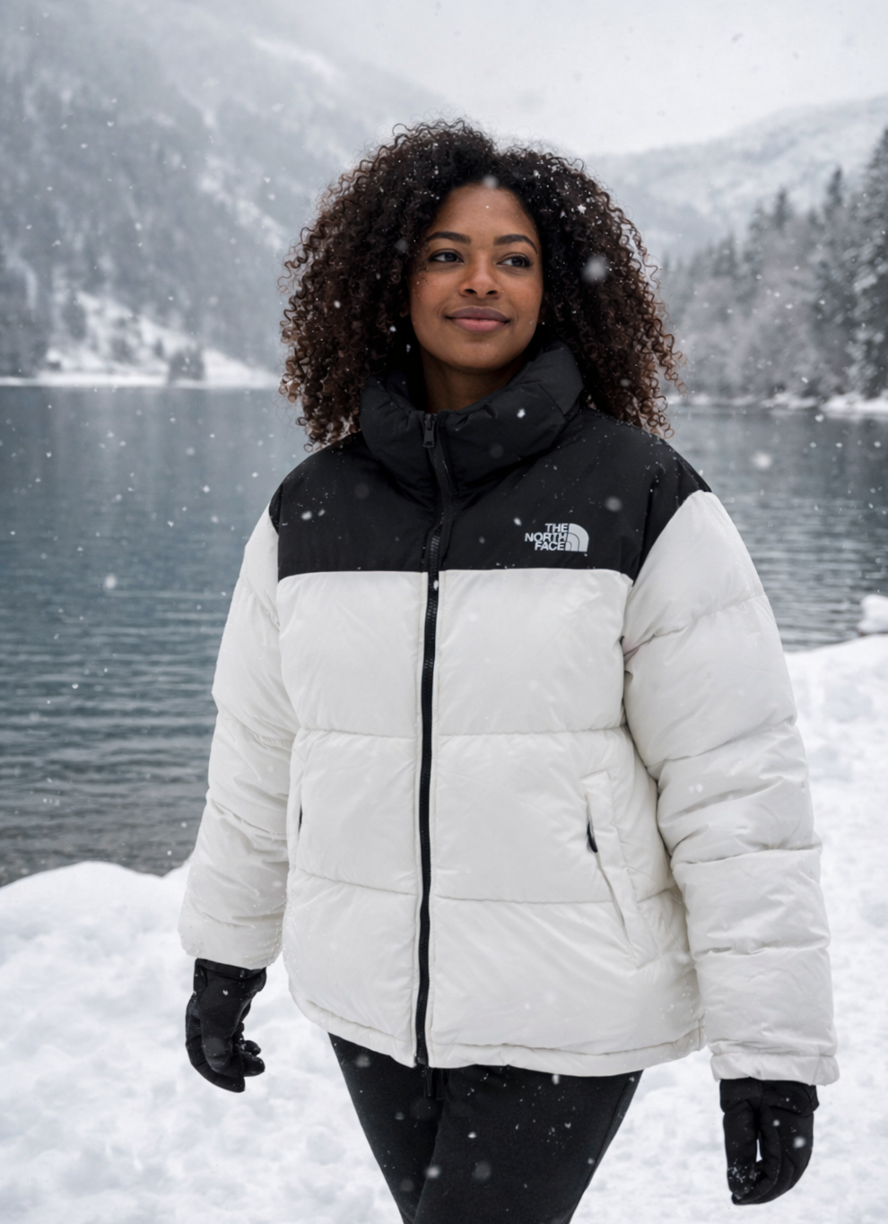 NORTH FACE WHITE AND BLACK PUFFER JACKET